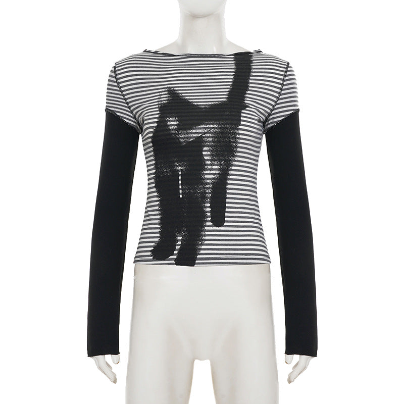 Striped long sleeve kitty pattern stitch top  | Festival Outfits Women