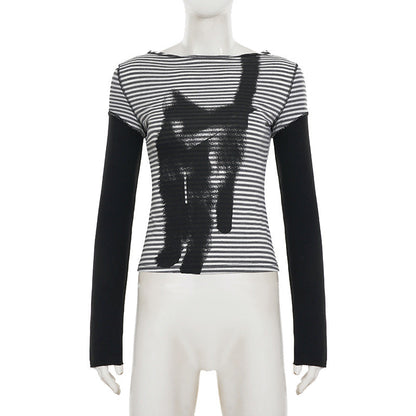 Striped long sleeve kitty pattern stitch top  | Festival Outfits Women