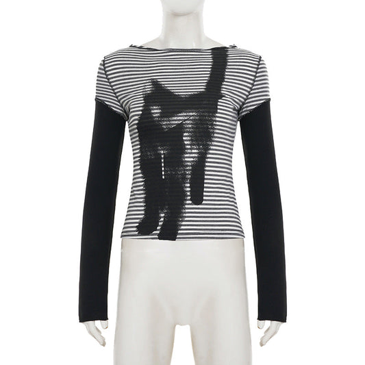 Striped long sleeve kitty pattern stitch top  | Festival Outfits Women