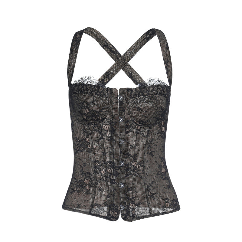 Cross back lace button backless cami top  | Festival Outfits Women