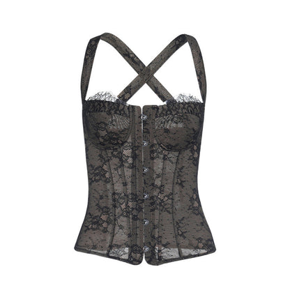 Cross back lace button backless cami top  | Festival Outfits Women