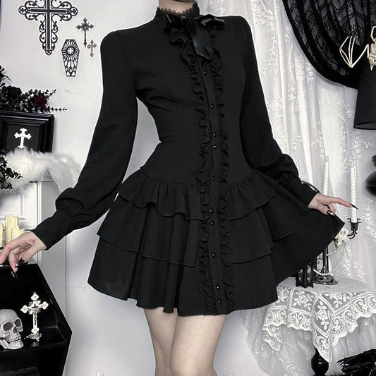 Bowknot long sleeve ruffle solid mini dress  | Festival Outfits Women