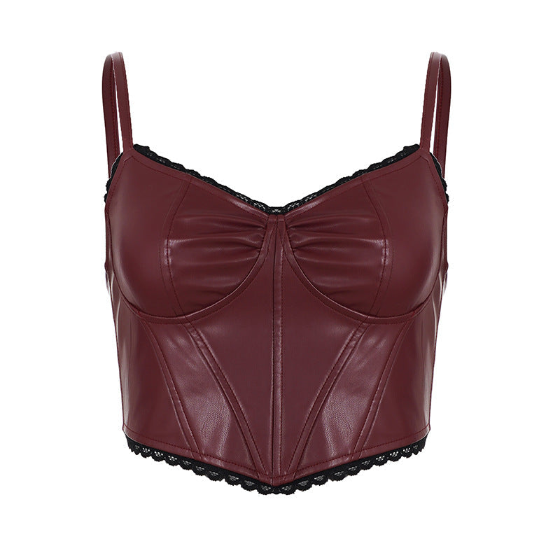 Lace hem v neck zip-up PU leather cami top  | Festival Outfits Women