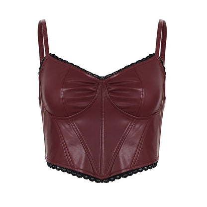 Lace hem v neck zip-up PU leather cami top  | Festival Outfits Women