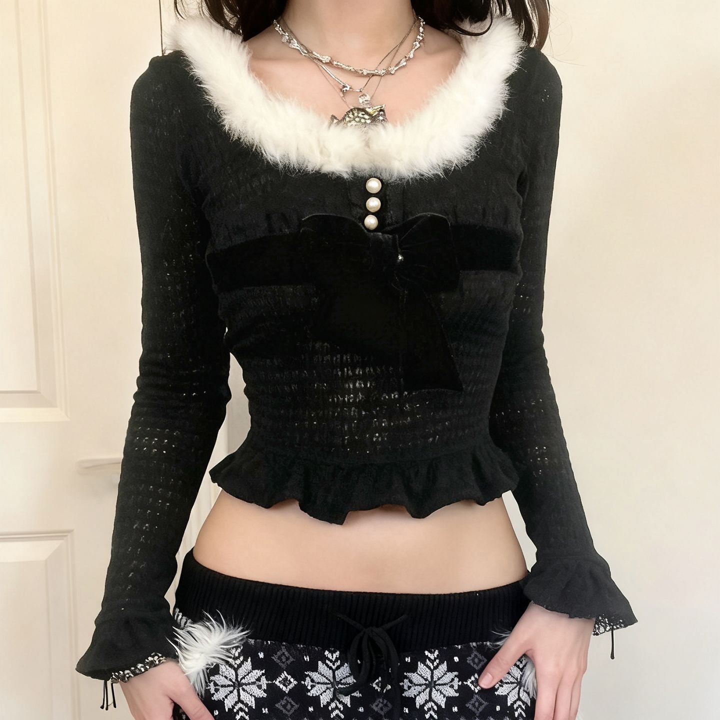 Long sleeve fluffy ruffle bowknot top  | Festival Outfits Women
