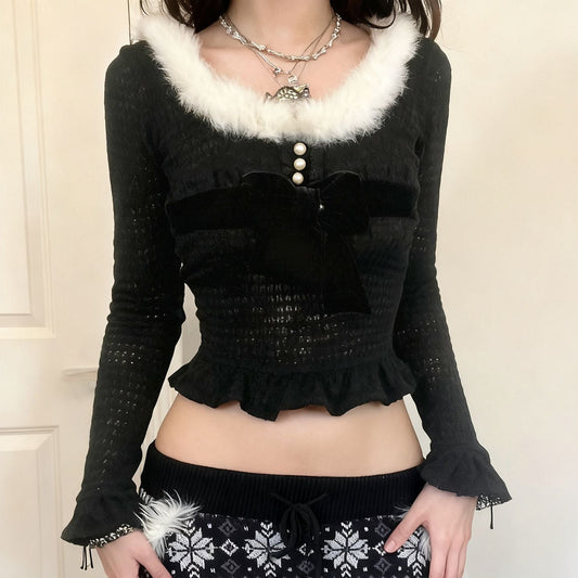 Long sleeve fluffy ruffle bowknot top  | Festival Outfits Women