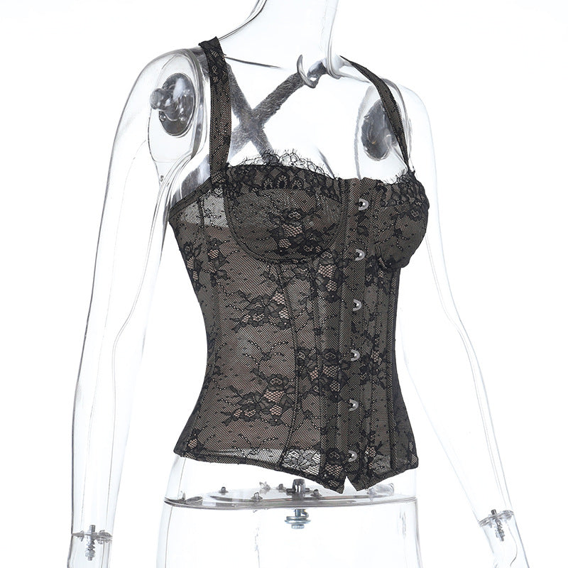 Cross back lace button backless cami top  | Festival Outfits Women