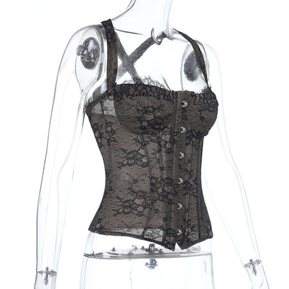 Cross back lace button backless cami top  | Festival Outfits Women
