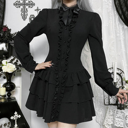 Bowknot long sleeve ruffle solid mini dress  | Festival Outfits Women