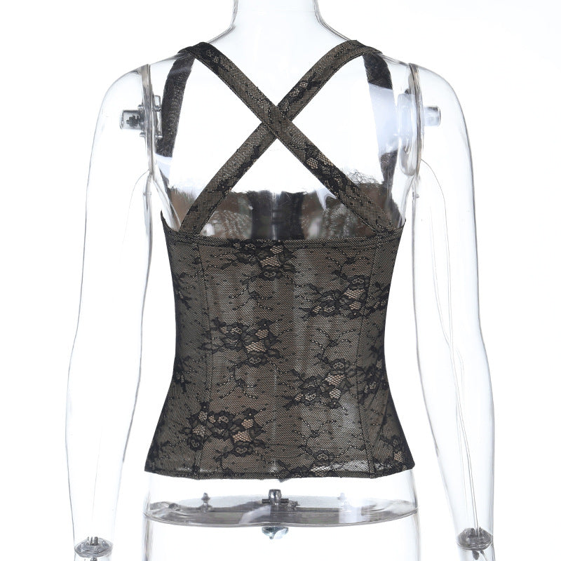 Cross back lace button backless cami top  | Festival Outfits Women