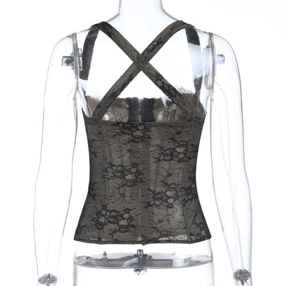Cross back lace button backless cami top  | Festival Outfits Women