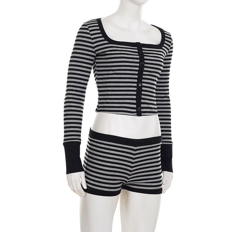Long sleeve striped square neck low rise pant set  | Festival Outfits Women