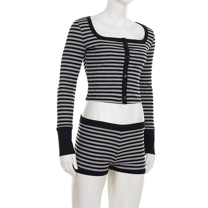 Long sleeve striped square neck low rise pant set  | Festival Outfits Women