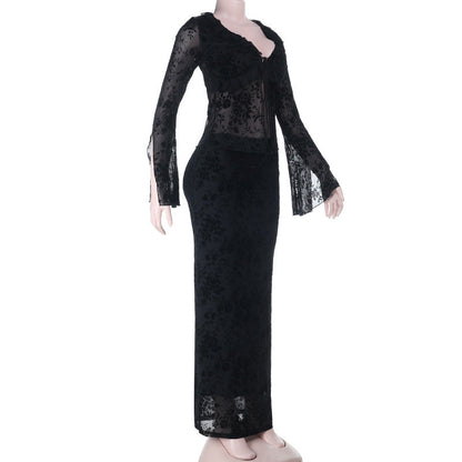 Long sleeve v neck lace self tie ruffle maxi skirt set  | Festival Outfits Women