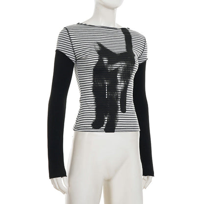 Striped long sleeve kitty pattern stitch top  | Festival Outfits Women