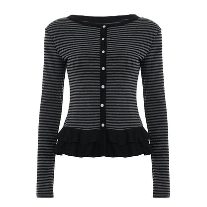 Crewneck button long sleeve ruffle striped top  | Festival Outfits Women