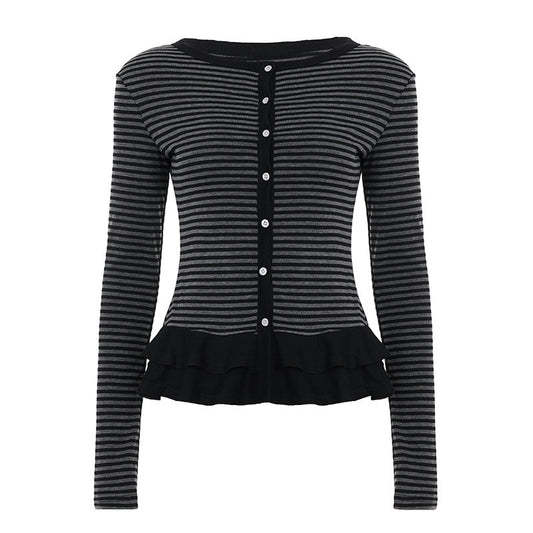 Crewneck button long sleeve ruffle striped top  | Festival Outfits Women