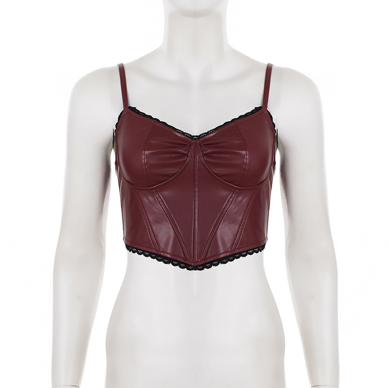Lace hem v neck zip-up PU leather cami top  | Festival Outfits Women