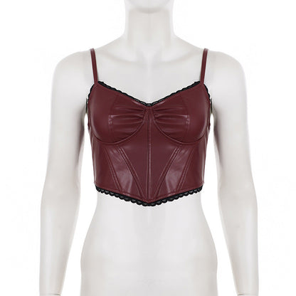 Lace hem v neck zip-up PU leather cami top  | Festival Outfits Women