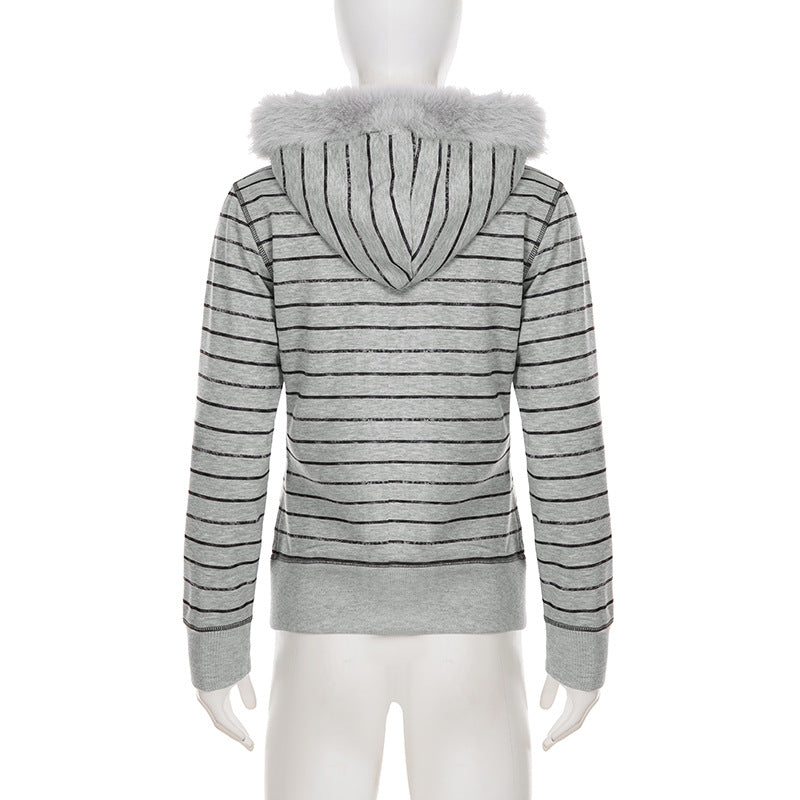 Hoodie fluffy long sleeve zip-up "LIKE PINK" pattern top  | Festival Outfits Women