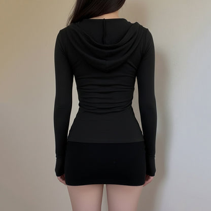 V neck button long sleeve hoodie solid top  | Festival Outfits Women
