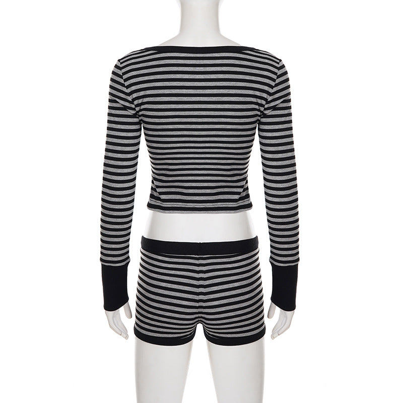 Long sleeve striped square neck low rise pant set  | Festival Outfits Women