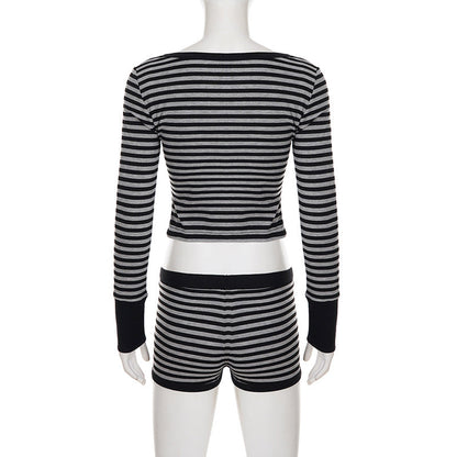 Long sleeve striped square neck low rise pant set  | Festival Outfits Women