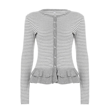 Crewneck button long sleeve ruffle striped top  | Festival Outfits Women