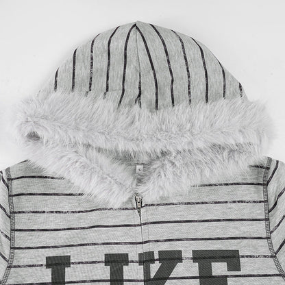 Hoodie fluffy long sleeve zip-up "LIKE PINK" pattern top  | Festival Outfits Women