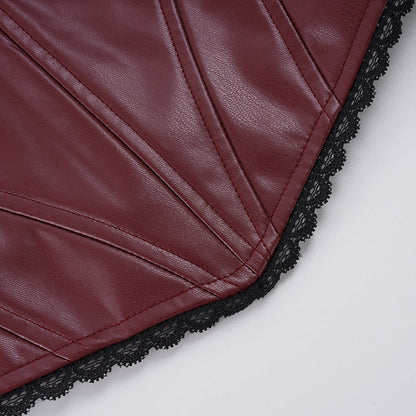 Lace hem v neck zip-up PU leather cami top  | Festival Outfits Women
