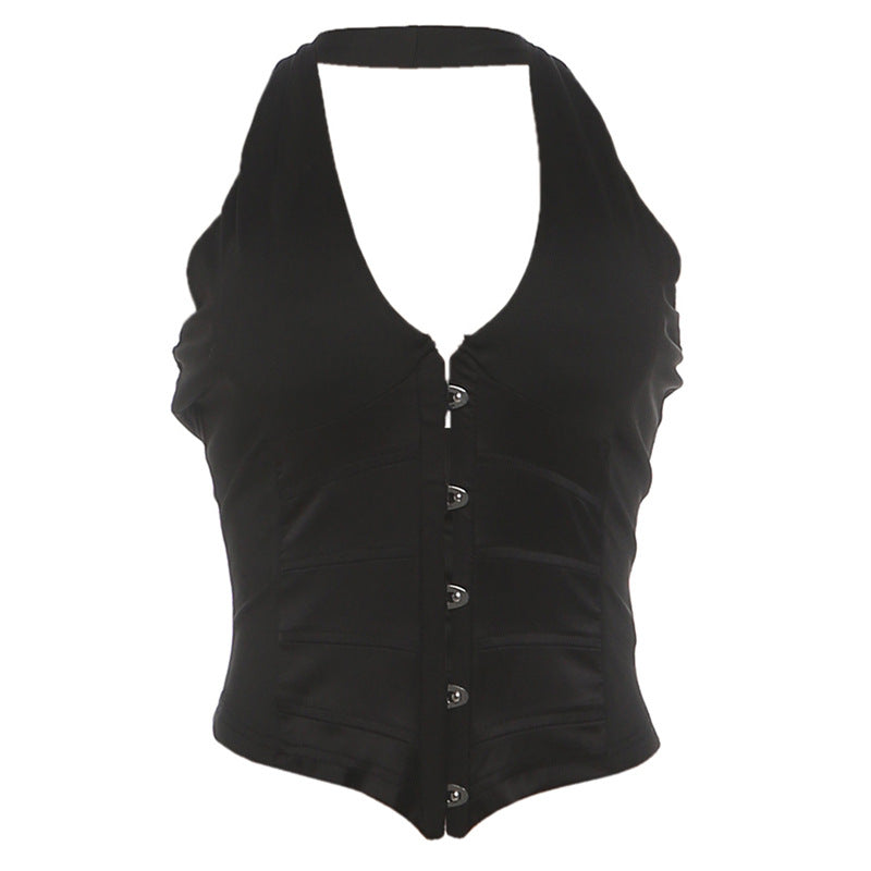 Halter v neck backless button top  | Festival Outfits Women