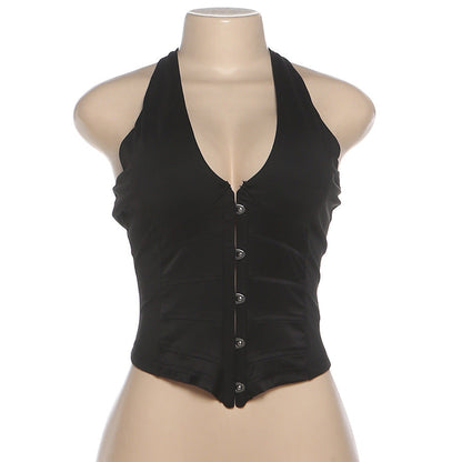 Halter v neck backless button top  | Festival Outfits Women