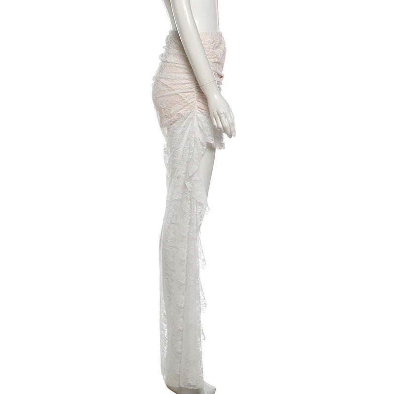 Lace ruched ruffle maxi skirt  | Festival Outfits Women