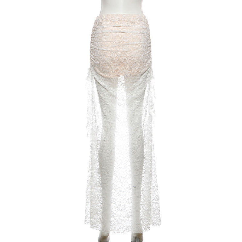 Lace ruched ruffle maxi skirt  | Festival Outfits Women