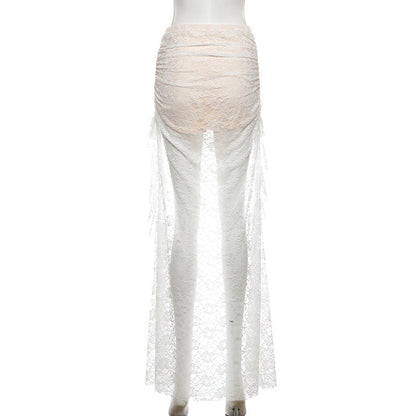 Lace ruched ruffle maxi skirt  | Festival Outfits Women