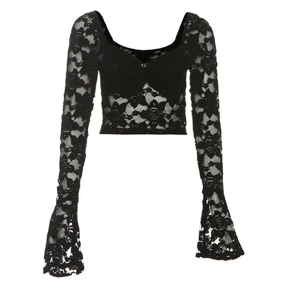 Long flared sleeve lace ruched crop top  | Festival Outfits Women