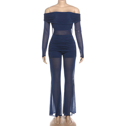 Off shoulder long sleeve ruched mesh jumpsuit  | Festival Outfits Women