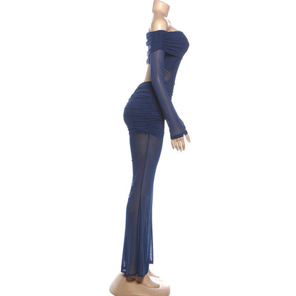 Off shoulder long sleeve ruched mesh jumpsuit  | Festival Outfits Women
