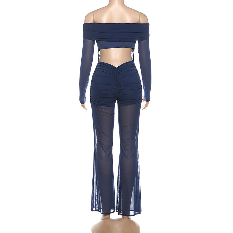 Off shoulder long sleeve ruched mesh jumpsuit  | Festival Outfits Women