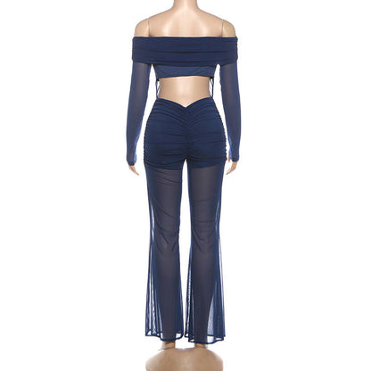 Off shoulder long sleeve ruched mesh jumpsuit  | Festival Outfits Women