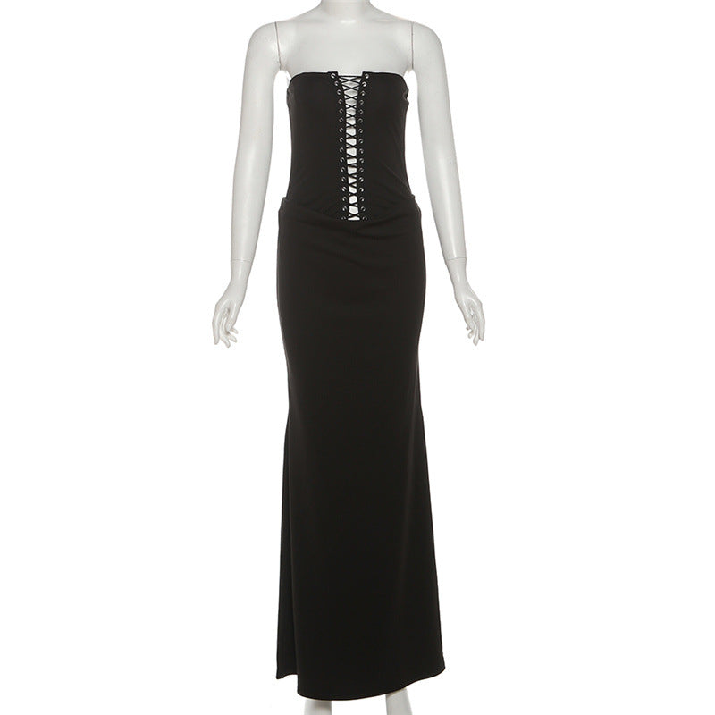 Hollow out self tie backless tube cut out maxi dress  | Festival Outfits Women