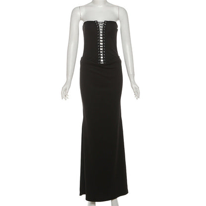 Hollow out self tie backless tube cut out maxi dress  | Festival Outfits Women