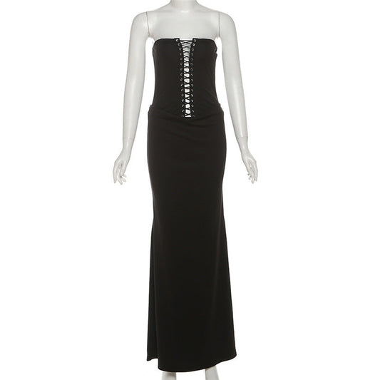 Hollow out self tie backless tube cut out maxi dress  | Festival Outfits Women