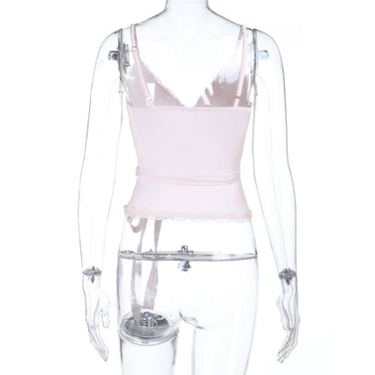 V neck knotted lace hem cami top  | Festival Outfits Women