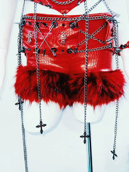 Fluffy metal chain rivet PU leather top  | Festival Outfits Women
