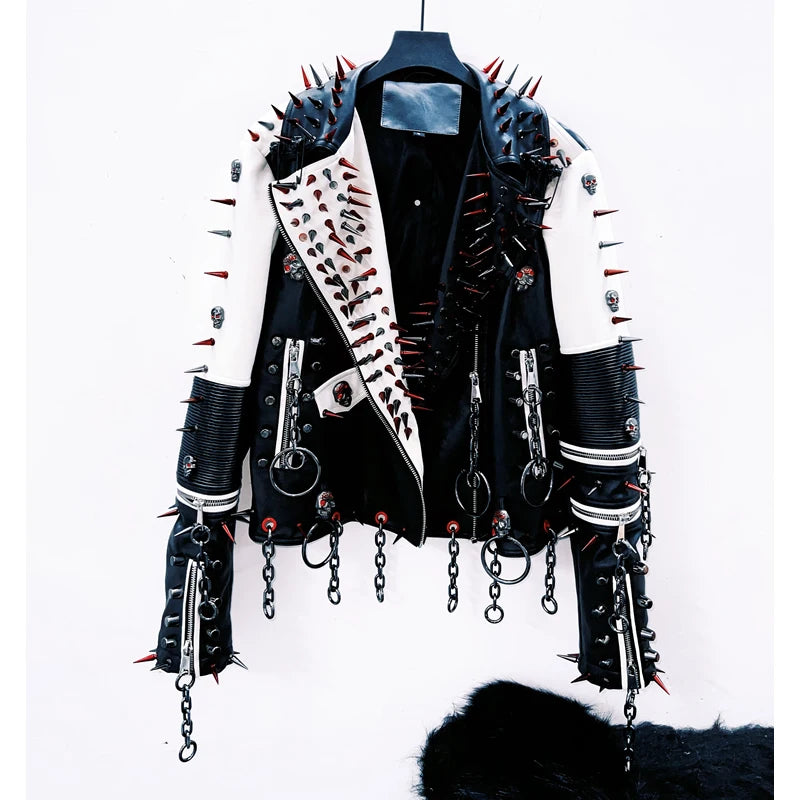 Long sleeve turnover collar rivet metal chain coat top  | Festival Outfits Women