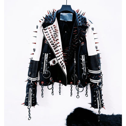 Long sleeve turnover collar rivet metal chain coat top  | Festival Outfits Women