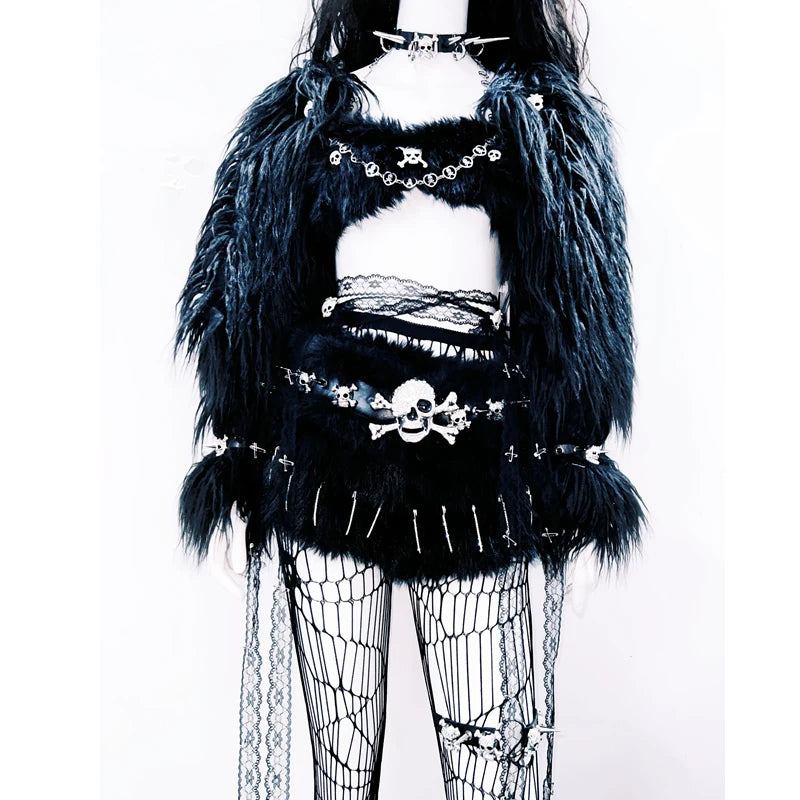 Long sleeve fluffy rivet skull applique top  | Festival Outfits Women