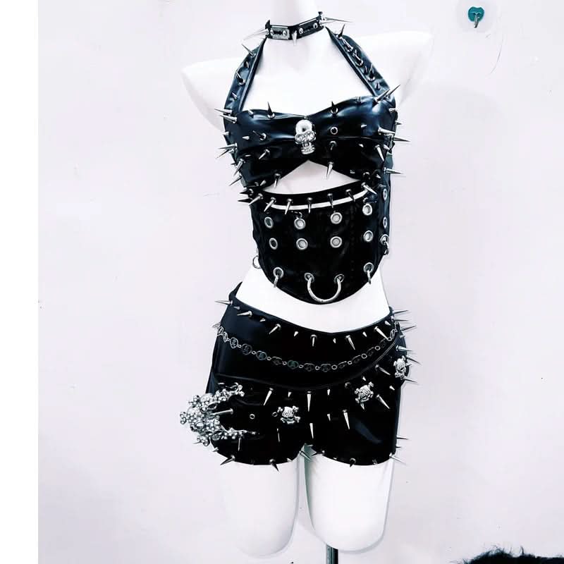 Halter hollow out rivet PU leather cut out top  | Festival Outfits Women