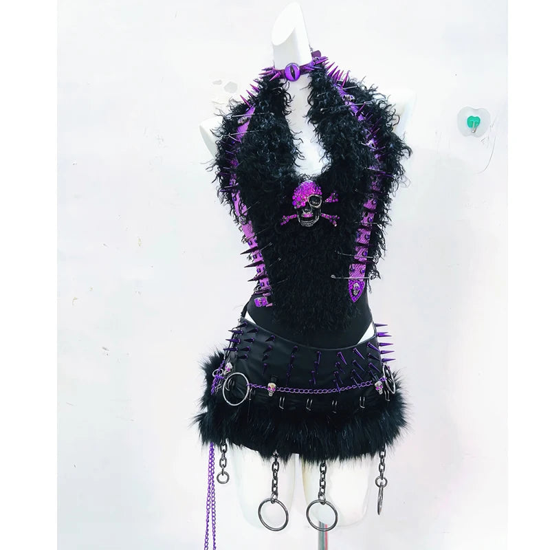 Halter skull applique rivet fluffy top  | Festival Outfits Women